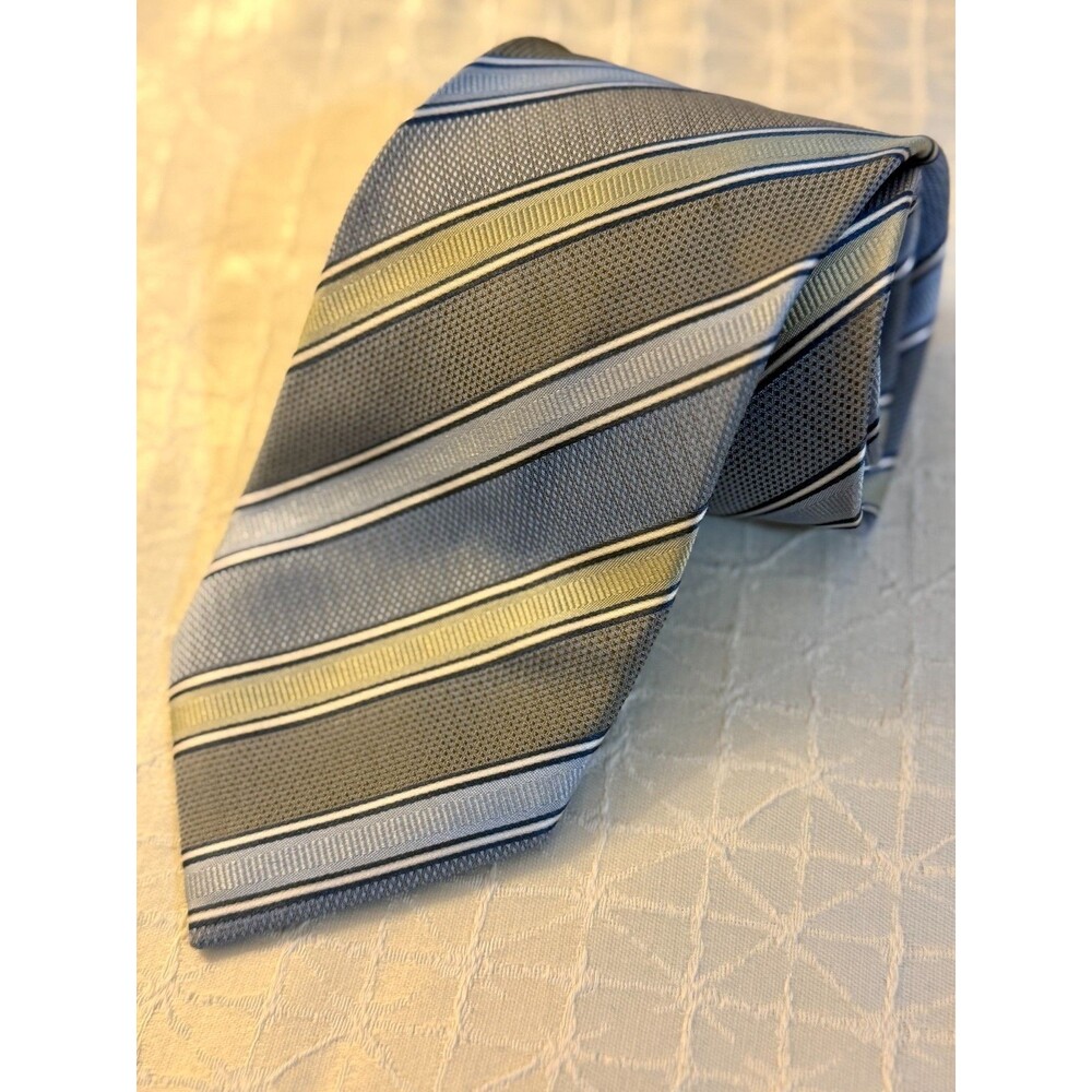 Villini 100% Silk Tie Hand made Green and Gray Diagonal Sripes SKU 103